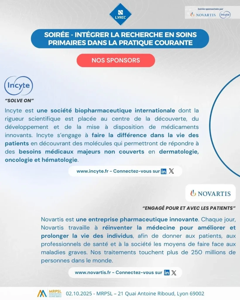 Incyte et Novartis, sponsors de la soirée LyREC 02.10.2025 - Intégrer la recherche en soins primaires